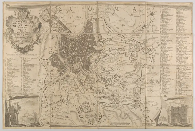 Plan of ancient Rome with a view of the Pantheon lower left and a triumphal arch lower right Wall Art by Carlo Nolli - High-Resolution Digital Print