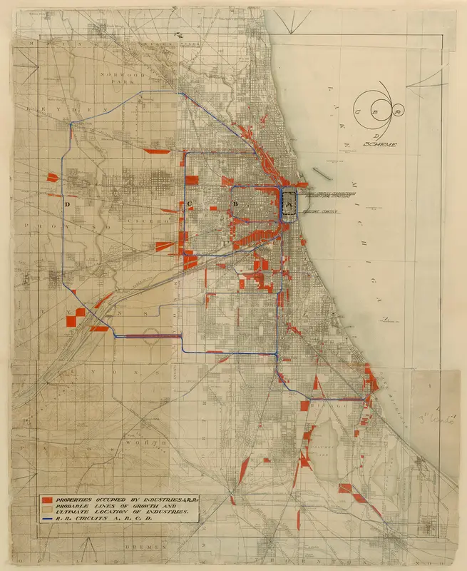 Plan of Chicago, Chicago, Illinois, Railroad Circuits Diagram Wall Art by Daniel Hudson Burnham - High-Resolution Digital Print