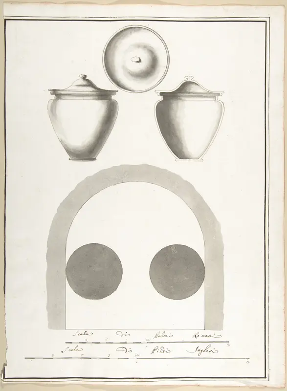 Plan of Niche in a Columbarium with a Section, Elevation and Top View of a Funerary Urn Wall Art by Pietro Paolo Coccetti (Cocchetti) - High-Resolution Digital Print