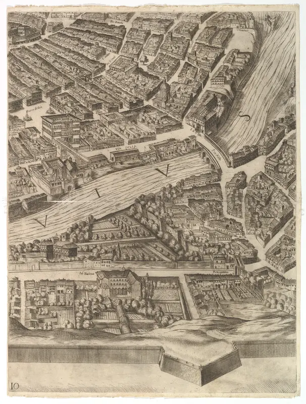 Plan of the City of Rome. Part 10 with the Tiber and the Villa Farnesina Wall Art by Antonio Tempesta - High-Resolution Digital Print