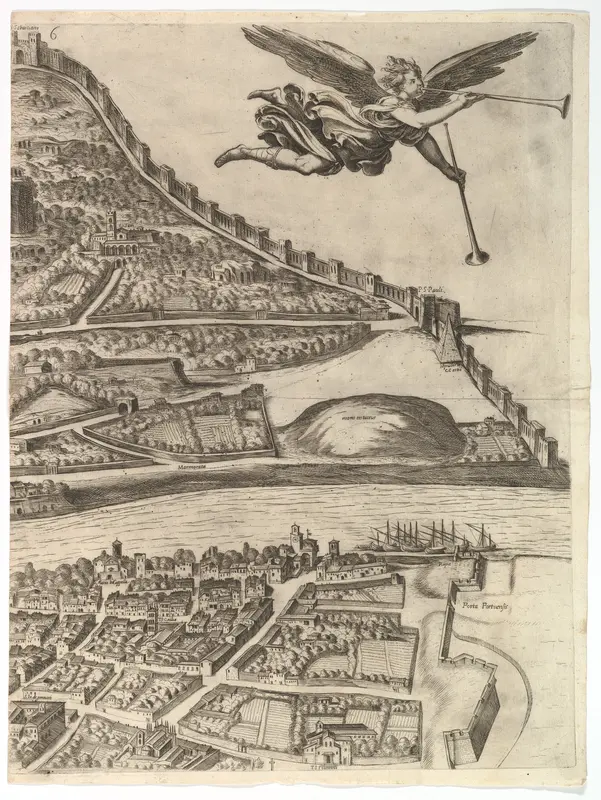 Plan of the City of Rome. Part 6 with the Aurelian city wall, the Porta Portuensis (Ostiensis?) and the Sepulcre of Caius Cestius. Wall Art by Antonio Tempesta - High-Resolution Digital Print