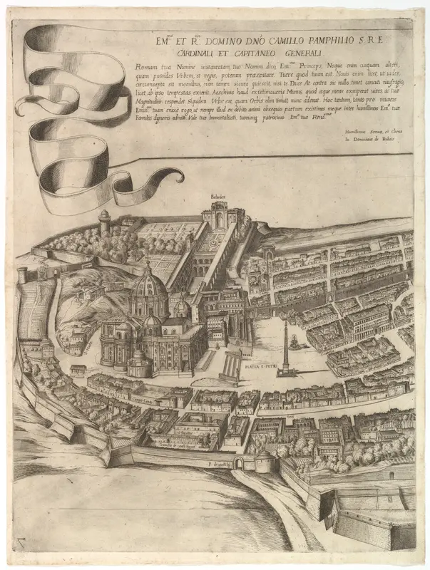 Plan of the City of Rome. Part 7 with a Dedication to Camillo Pamphili, the Vatican and Part of the City Wall Wall Art by Antonio Tempesta - High-Resolution Digital Print