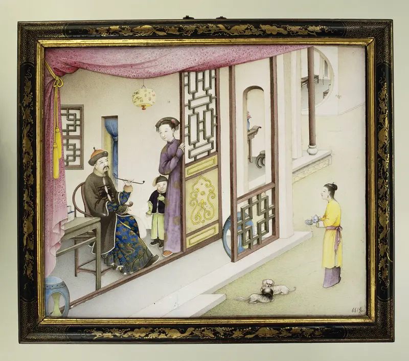 Plaque met een voorstelling in geschilderde emails: figuren in een paviljoen Wall Art by anonymous - High-Resolution Digital Print