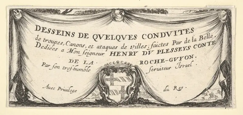 Plate 1: a coat of arms at bottom center surrounded by a draped curtain, title page for "Troops, cannons, and attacks on towns" (Dessins de quelques conduites de troupes, canons, et ataques de villes) Wall Art by Stefano della Bella - High-Resolution Digital Print