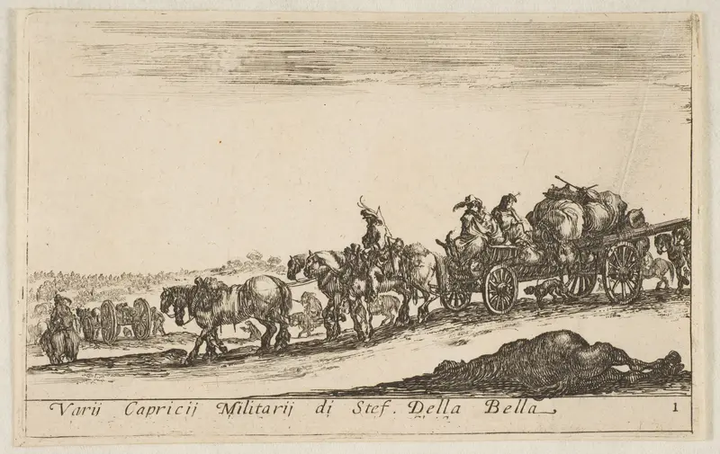 Plate 1: a horse drawn cart carrying people and goods, dead horse in the foreground, from "Various Military Caprices" (Varii capricci militari) Wall Art by Stefano della Bella - High-Resolution Digital Print
