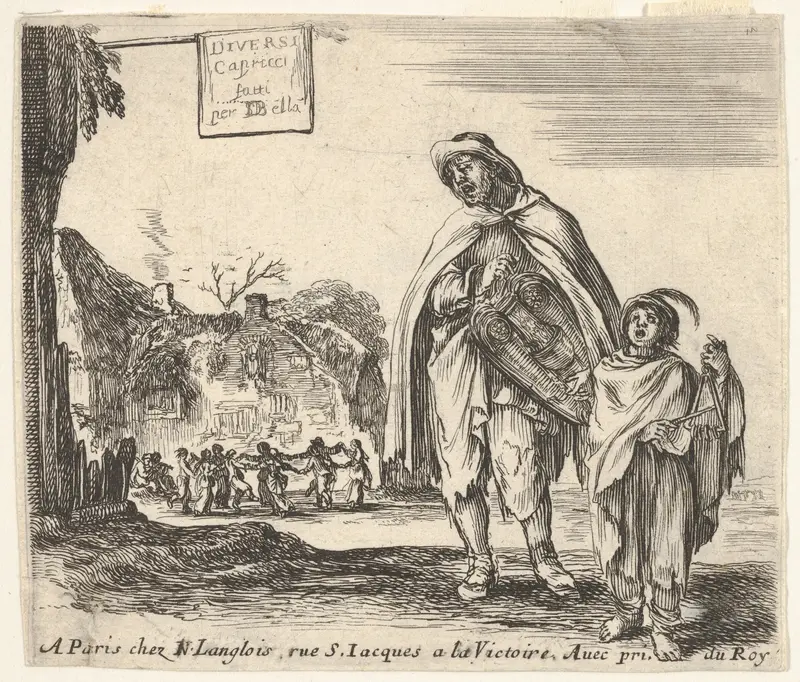 Plate 1: a man sings and plays the hurdy gurdy, accompanied by a boy playing the triangle to right, a group of peasants dancing in a ring to left in background, title page for "Diversi Capricci" Wall Art by Stefano della Bella - High-Resolution Digital Print