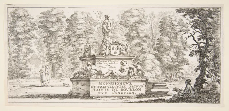 Plate 1: a monument with statues and a coat of arms in the center, a draughstman on the ground beneath a tree to right, two groups of lovers to left in the background, from 'Various landscapes' (Divers paysages) Wall Art by Stefano della Bella - High-Resolution Digital Print