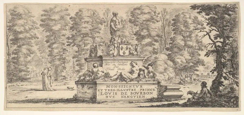 Plate 1: a monument with statues and a coat of arms in the center, a draughstman on the ground beneath a tree to right, two pairs of lovers to left in the background, from "Various Landscapes" (Divers Paysages) Wall Art by Stefano della Bella - High-Resolution Digital Print