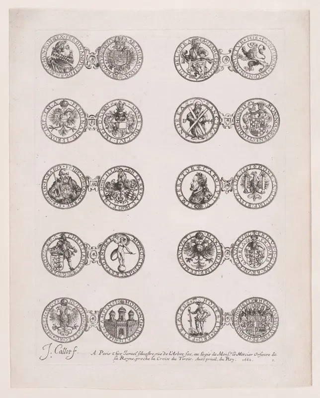 Plate 1, Featuring 10 Coins Issued by European Princes in the 16th and 17th centuries, from "Les Monnaies" (The Currencies) Wall Art by Jacques Callot - High-Resolution Digital Print