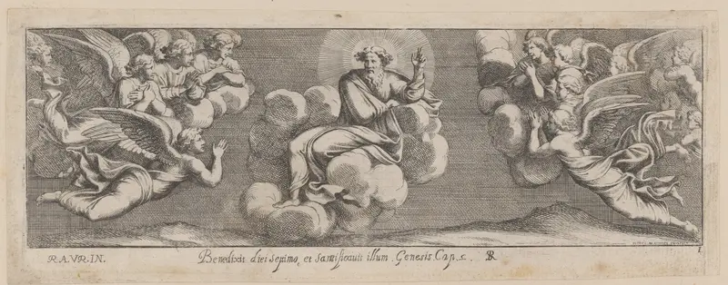 Plate 1: God Blessing on the Seventh Day, from Genesis Chapter 2, after a lost fresco in the basamento of Bay 1 of the Vatican Loggia Wall Art by Pietro Santi Bartoli - High-Resolution Digital Print