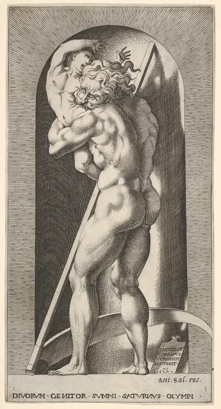 Plate 1: Saturn in a niche devouring his son, standing before a scythe, from "Mythological Gods and Goddesses"