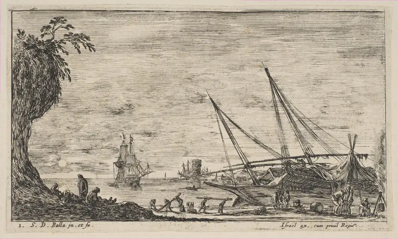 Plate 1: seaport with ships, from "Seascapes" (Paysages maritimes) Wall Art by Stefano della Bella - High-Resolution Digital Print