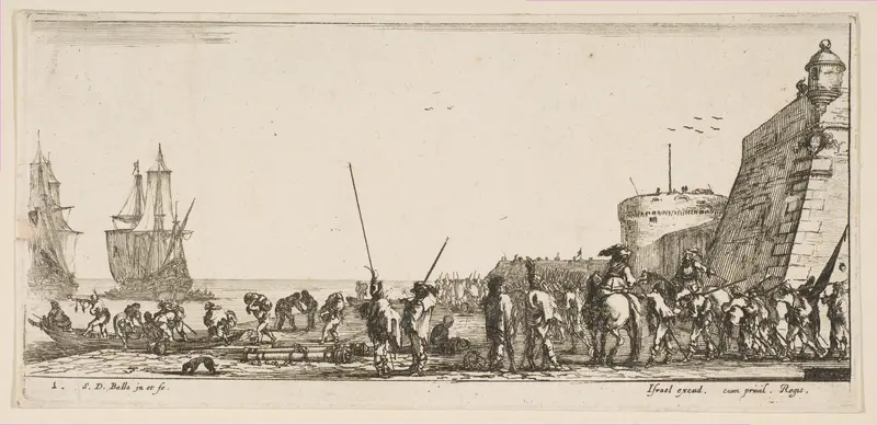 Plate 1: soldiers waiting to board a ship, from 'Various Embarkations' (Divers embarquements) Wall Art by Stefano della Bella - High-Resolution Digital Print