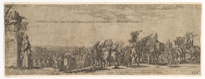 Plate 1: The Entrance of the Polish Ambassador into Rome, the Medici coat of arms at left Wall Art by Stefano della Bella - High-Resolution Digital Print