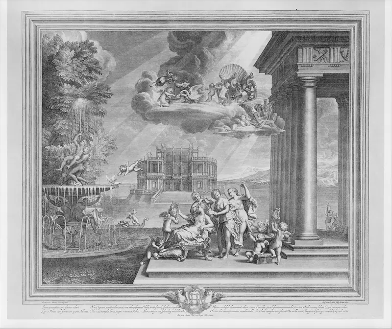 Plate 1: The Toilette of Venus; Venus reclining at center, gazing into a mirror held by Cupid, attendants fix her hair while a putto ties her sandal, above her chariot appears on a cloud; from "The Loves of Venus and Adonis" Wall Art by Etienne Baudet - High-Resolution Digital Print