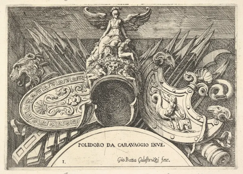 Plate 1: trophies of Roman arms from decorations above the windows on the second floor of the Palazzo Milesi in Rome Wall Art by Giovanni Battista Galestruzzi - High-Resolution Digital Print