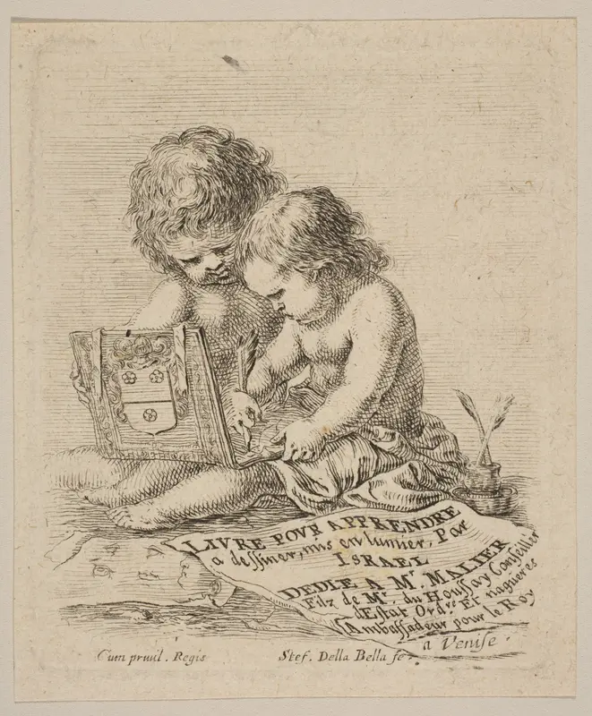 Plate 1: two children sitting on the ground, the child on the right drawing while the child on the left holding the album, the title page from 'The Book for Learning to Draw' (Livre pour apprendre à dessiner) Wall Art by Stefano della Bella - High-Resolution Digital Print