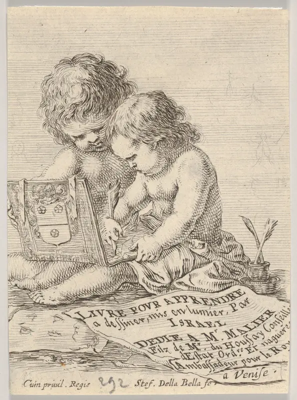 Plate 1: Two children sitting on the ground, the child on the right drawing while the child on the left holding the album, title page from "The Book for Learning to Draw" (Livre pour apprendre à dessiner) Wall Art by Stefano della Bella - High-Resolution Digital Print