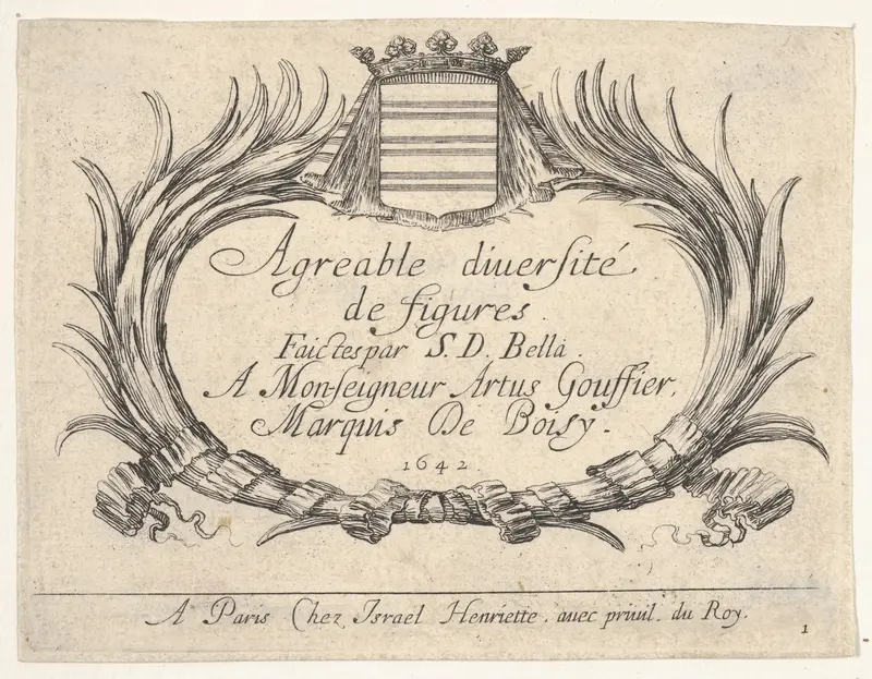 Plate 1: Two palms and a coat of arms frame the title and dedication, title page for "Various Figures" (Agréable diversité de figures) Wall Art by Stefano della Bella - High-Resolution Digital Print
