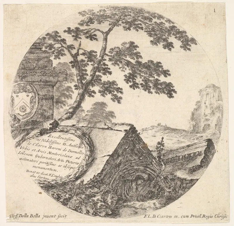 Plate 1: various fragments of ancient monuments, from "Roman landscapes and ruins" (Paysages et ruines de Rome) Wall Art by Stefano della Bella - High-Resolution Digital Print
