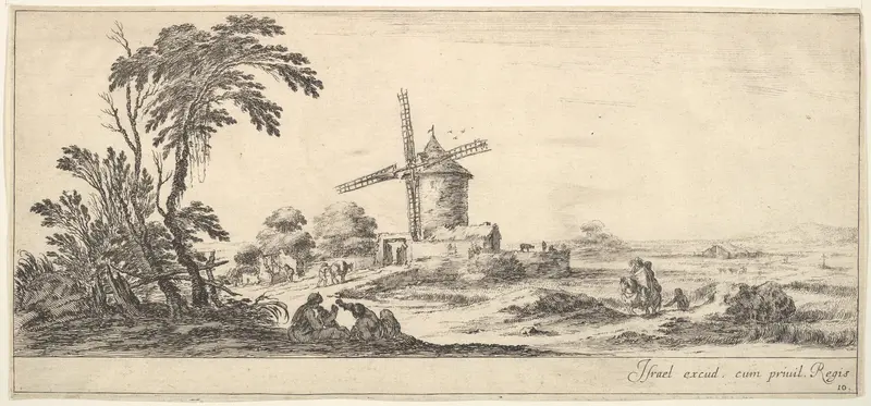 Plate 10: a family in center foreground, various figures and horses in middleground, a windmill in center background, from "Various Landscapes" (Divers Paysages) Wall Art by Stefano della Bella - High-Resolution Digital Print
