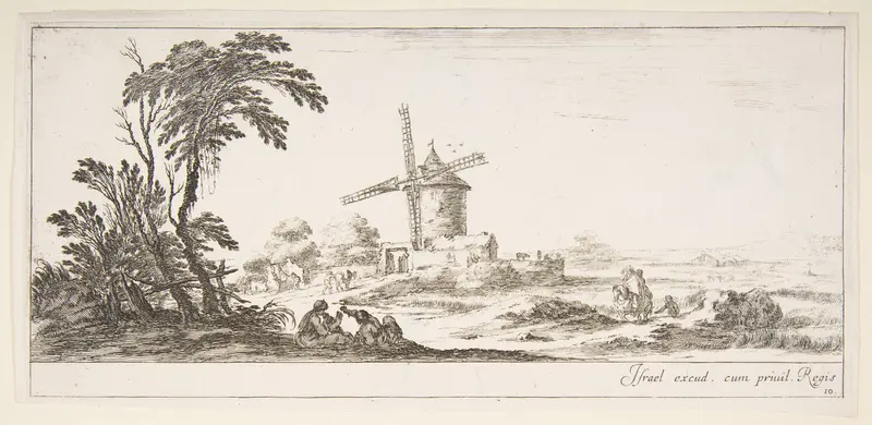 Plate 10: a family in center foreground, various figures and horses in middleground, a windmill in center background, from 'Various landscapes' (Divers paysages) Wall Art by Stefano della Bella - High-Resolution Digital Print