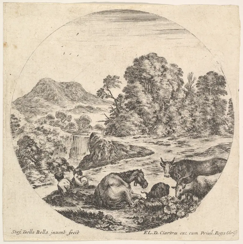 Plate 10: a horse lying down, a cow and two goats, two seated shepherds, a waterfall and a mountain in the background, from "Roman landscapes and ruins" (Paysages et ruines de Rome) Wall Art by Stefano della Bella - High-Resolution Digital Print