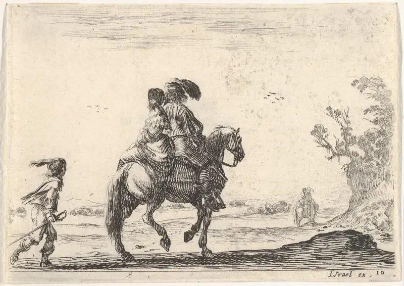 Plate 10: a horseman and a woman, seen from behind, riding towards the right with a young man following them to left, another horseman and woman to right in the background, from "Various Figures" (Agréable diversité de figures) Wall Art by Stefano della Bella - High-Resolution Digital Print