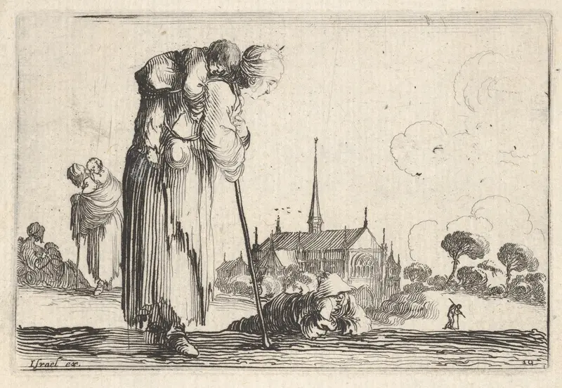 Plate 10: A peasant woman turned towards the right with a child on her back, a boy lying on the ground behind her in center, two women and a child to left in middleground, a church to right in background, from "Caprice faict par de la Bella" Wall Art by Stefano della Bella - High-Resolution Digital Print
