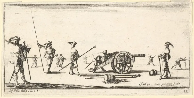 Plate 10: a soldier charging a cannon in center, other soldiers with picks standing at left and right, from "Troops, cannons, and attacks on towns" (Dessins de quelques conduites de troupes, canons, et ataques de villes) Wall Art by Stefano della Bella - High-Resolution Digital Print