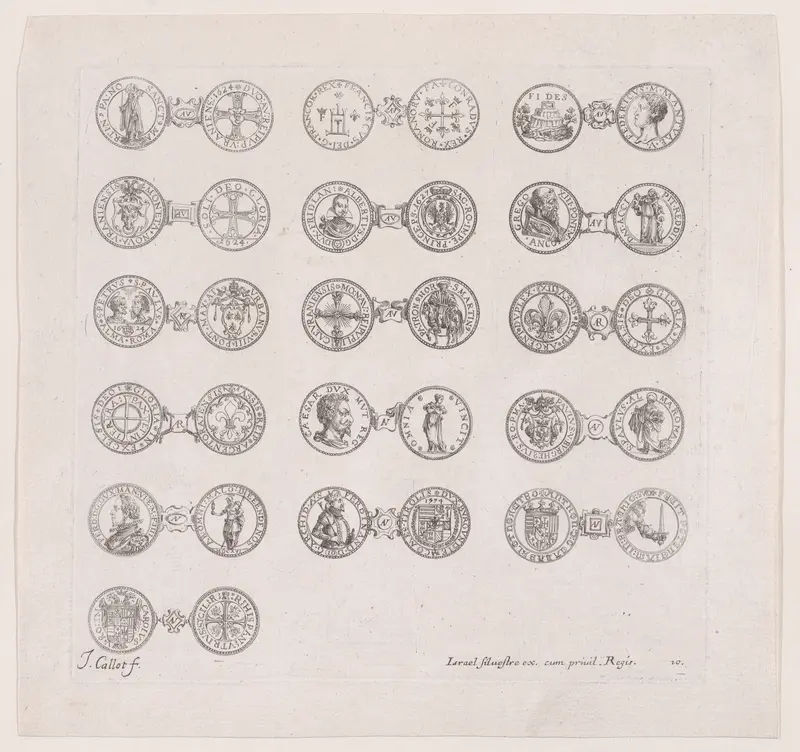 Plate 10, Featuring 16 Coins Issued by European Princes in the 16th and 17th centuries, from "Les Monnaies" (The Currencies) Wall Art by Jacques Callot - High-Resolution Digital Print