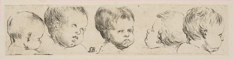 Plate 10: Five Heads of Children, from "Collection of various doodles and etching proofs" (Recueil de divers griffonnements et preuves d'eauforte) Wall Art by Stefano della Bella - High-Resolution Digital Print