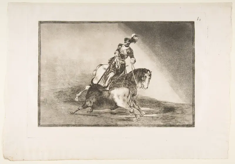 Plate 10 from "La Tauromaquia": Charles V spearing a bull in the ring at Valladolid Wall Art by Goya (Francisco de Goya y Lucientes) - High-Resolution Digital Print
