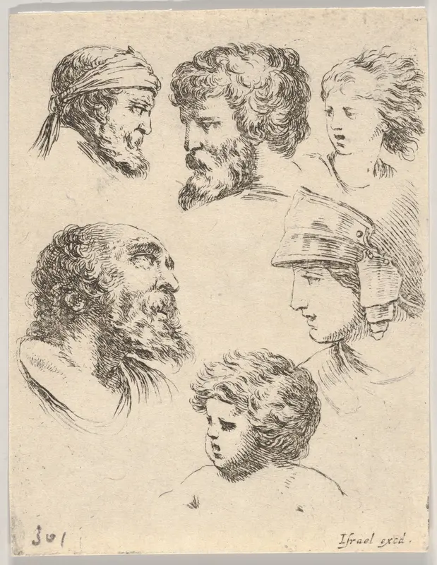 Plate 10: Six heads, three bearded men, one soldier, and two children, from "The Book for Learning to Draw" (Livre pour apprendre à dessiner) Wall Art by Stefano della Bella - High-Resolution Digital Print
