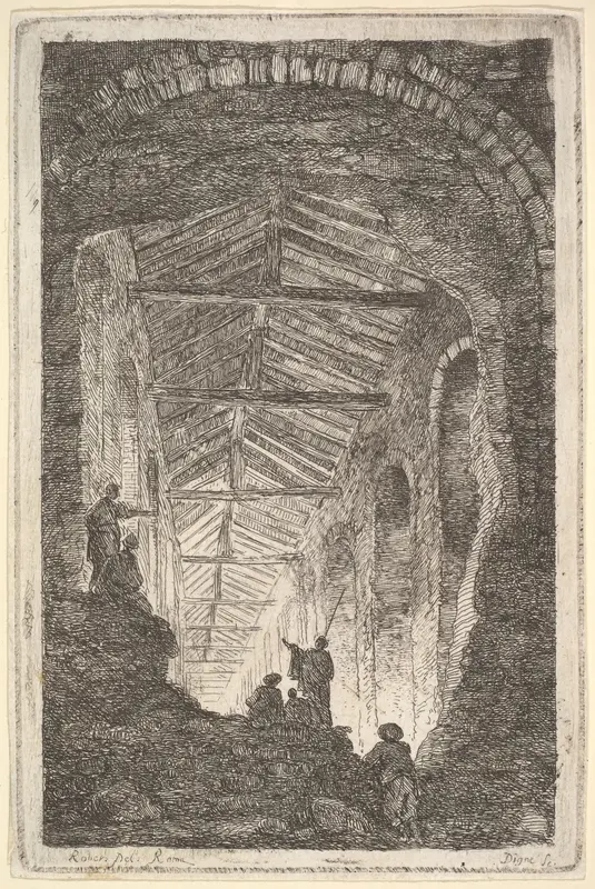 Plate 10: The Ancient Gallery: a large covered gallery, light entering from the background, six figures standing atop piles of rocks in the foreground, from "Les soirées de Rome" Wall Art by Hubert Robert - High-Resolution Digital Print