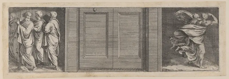 Plate 10: Three figures at left and two figures running at right, after a lost fresco in the basamento of Bay 9 in the Vatican Loggia Wall Art by Pietro Santi Bartoli - High-Resolution Digital Print