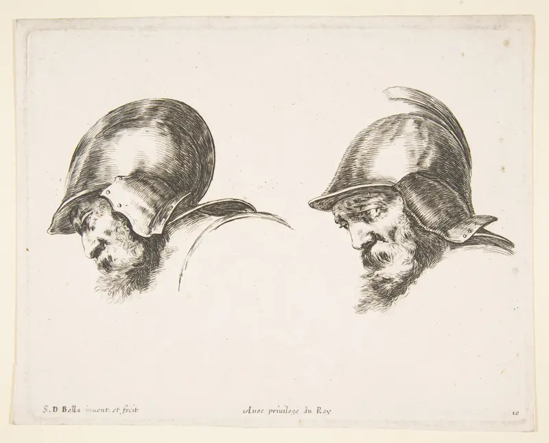 Plate 10: two heads of old soldiers wearing helmets, both facing left and looking downwards, from "The principles of design" (I principii del disegno) Wall Art by Stefano della Bella - High-Resolution Digital Print