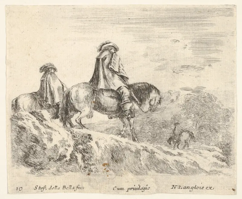 Plate 10: two horsemen descending a mountain at left, another horseman to right in background, from "Diversi Capricci" Wall Art by Stefano della Bella - High-Resolution Digital Print