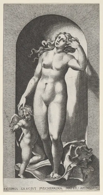 Plate 10: Venus in a niche, standing on a conch shell, with Cupid to her right, from "Mythological Gods and Goddesses"