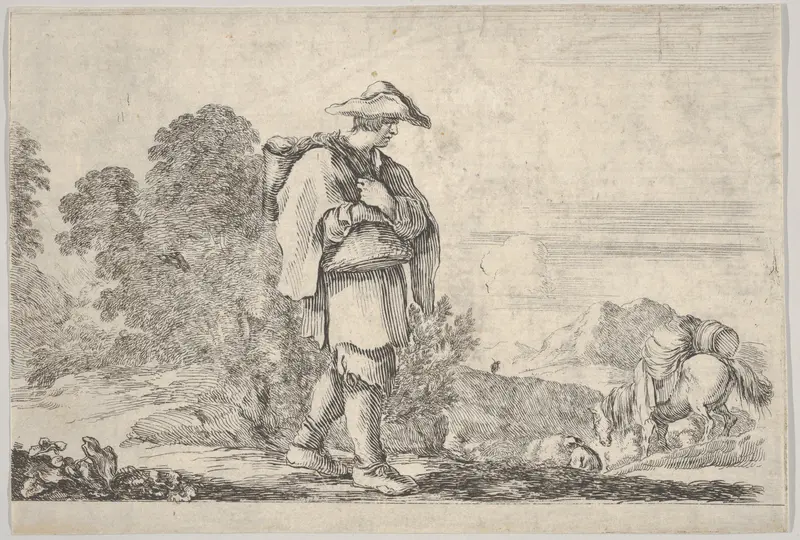 Plate 11: A peasant wearing a hat at center, walking towards the right, a horse descending a mountain to right in the background, trees to left in the background, from "Twelve Landscapes" (Suite de douze paysages) Wall Art by Stefano della Bella - High-Resolution Digital Print