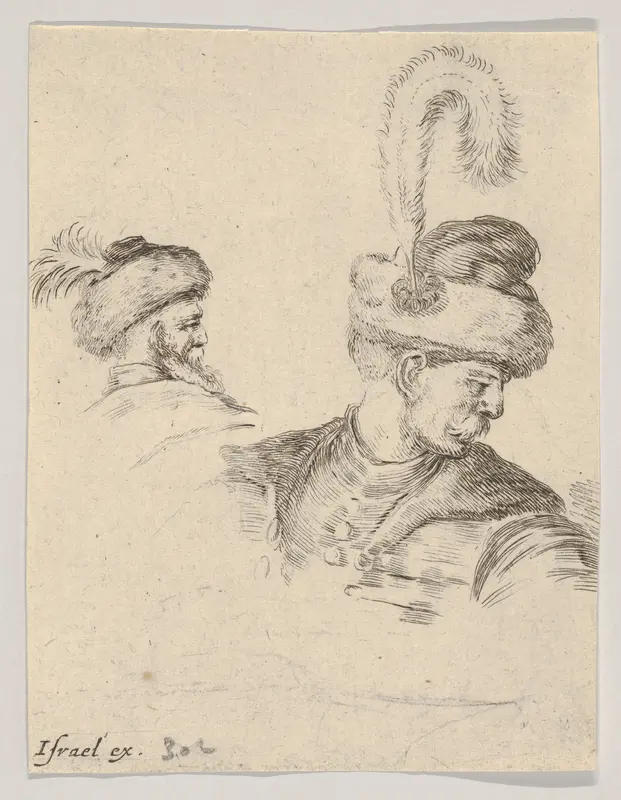 Plate 11: A Polish bust in profile, turned to the right, another Polish head seen from behind in the background, from "The Book for Learning to Draw" (Livre pour apprendre à dessiner) Wall Art by Stefano della Bella - High-Resolution Digital Print