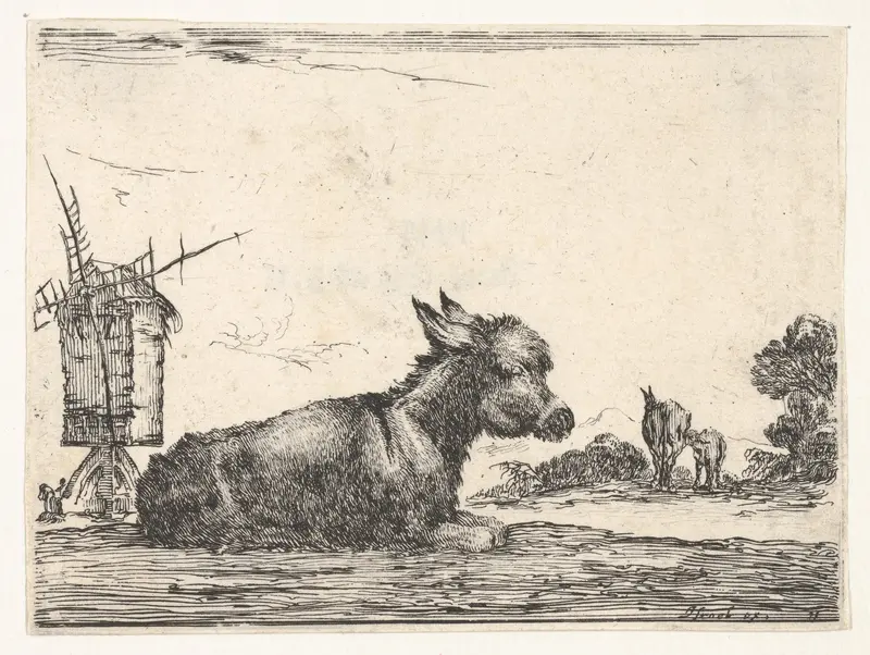 Plate 11: a resting donkey, a horse and a foal to right and a windmill to left in the background, from "Various Figures" (Agréable diversité de figures) Wall Art by Stefano della Bella - High-Resolution Digital Print