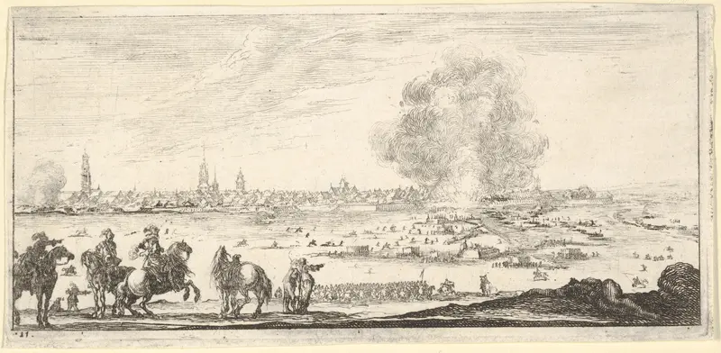 Plate 11: an attack on a city, horsemen in foreground, clouds of smoke and a cityscape in background, from "Troops, cannons, and attacks on towns" (Dessins de quelques conduites de troupes, canons, et ataques de villes) Wall Art by Stefano della Bella - High-Resolution Digital Print