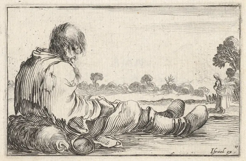 Plate 11: An old man sitting on the ground to left, seen from behind, a peasant woman seen from behind to right in background, from "Caprice faict par de la Bella" Wall Art by Stefano della Bella - High-Resolution Digital Print