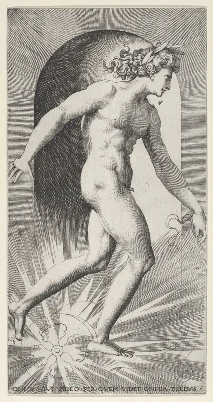 Plate 11: Apollo riding his chariot in a niche, facing right, from "Mythological Gods and Goddesses"