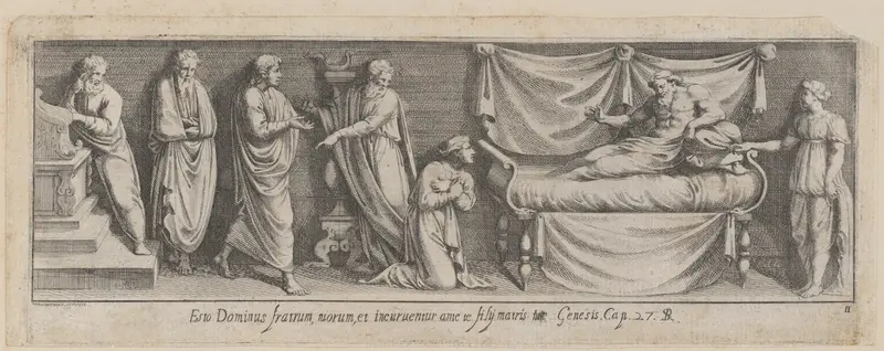 Plate 11: Bathsheba interceding with David for Solomon, from Genesis 27, after a lost fresco in the basamento of Bay 11 of the Vatican Loggia Wall Art by Pietro Santi Bartoli - High-Resolution Digital Print