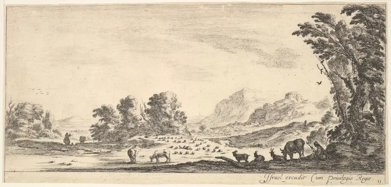 Plate 11: shepherdess seated to the right under a tree, watching her flock to the left, mountains to right in the background, from "Various Landscapes" (Divers Paysages) Wall Art by Stefano della Bella - High-Resolution Digital Print