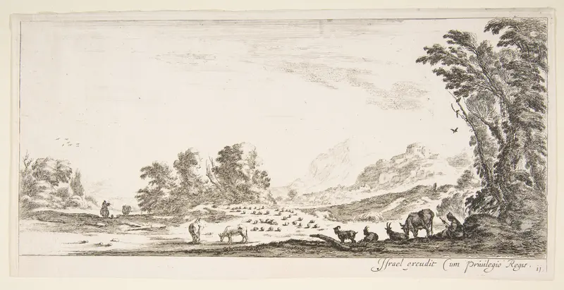 Plate 11: shepherdess seated to the right under a tree, watching her flock to the left, mountains to right in the background, from 'Various landscapes' (Divers paysages) Wall Art by Stefano della Bella - High-Resolution Digital Print