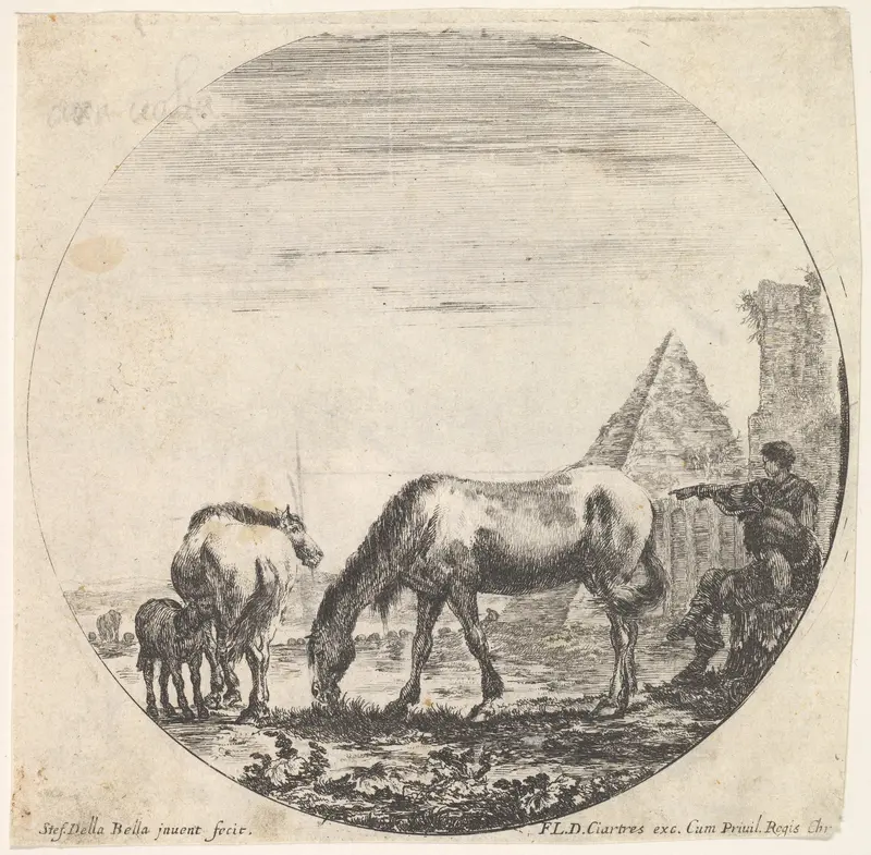 Plate 11: the pyramid of Caius Cestius, a horse grazing, a foal suckling a mare, a seated shepherd and another standing, from "Roman landscapes and ruins" (Paysages et ruines de Rome) Wall Art by Stefano della Bella - High-Resolution Digital Print