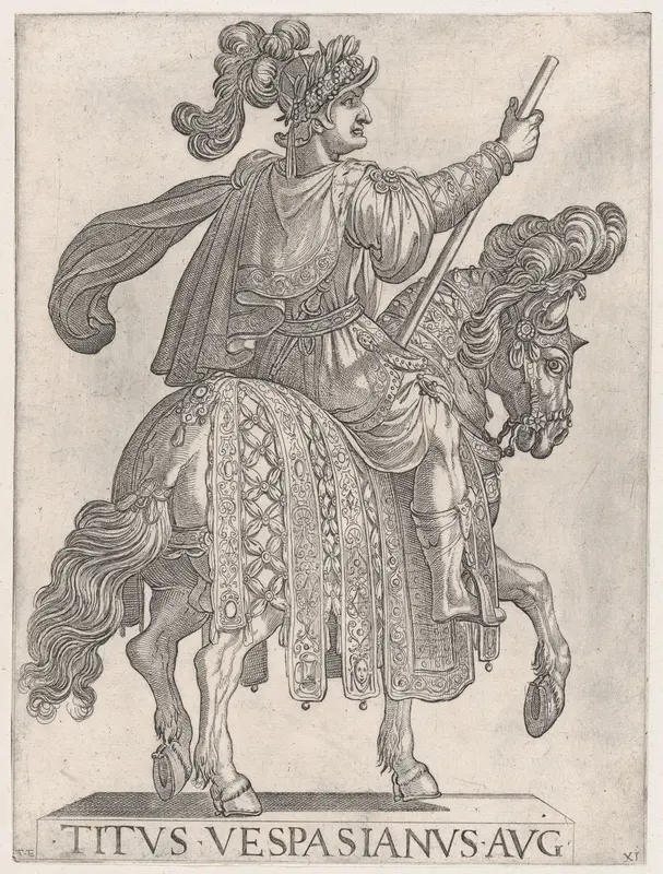 Plate 11: Titus Vespasian on horseback facing right, from "The First Twelve Emperors of Ancient Rome" Wall Art by Antonio Tempesta - High-Resolution Digital Print